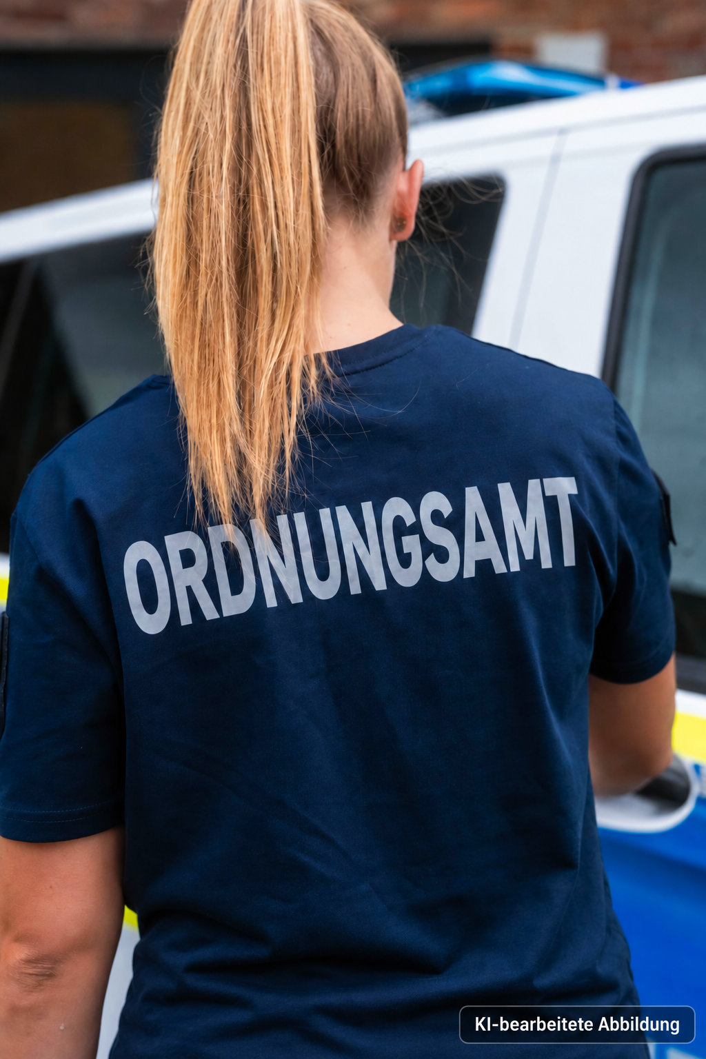 Dunkelblaues Ordnungsamt T-Shirt mit großem hellem Rückenaufdruck „ORDNUNGSAMT“, getragen von einer Frau vor einem Einsatzfahrzeug. Rückansicht des kurzärmeligen Dienstshirts. KI-bearbeitete Abbildung.